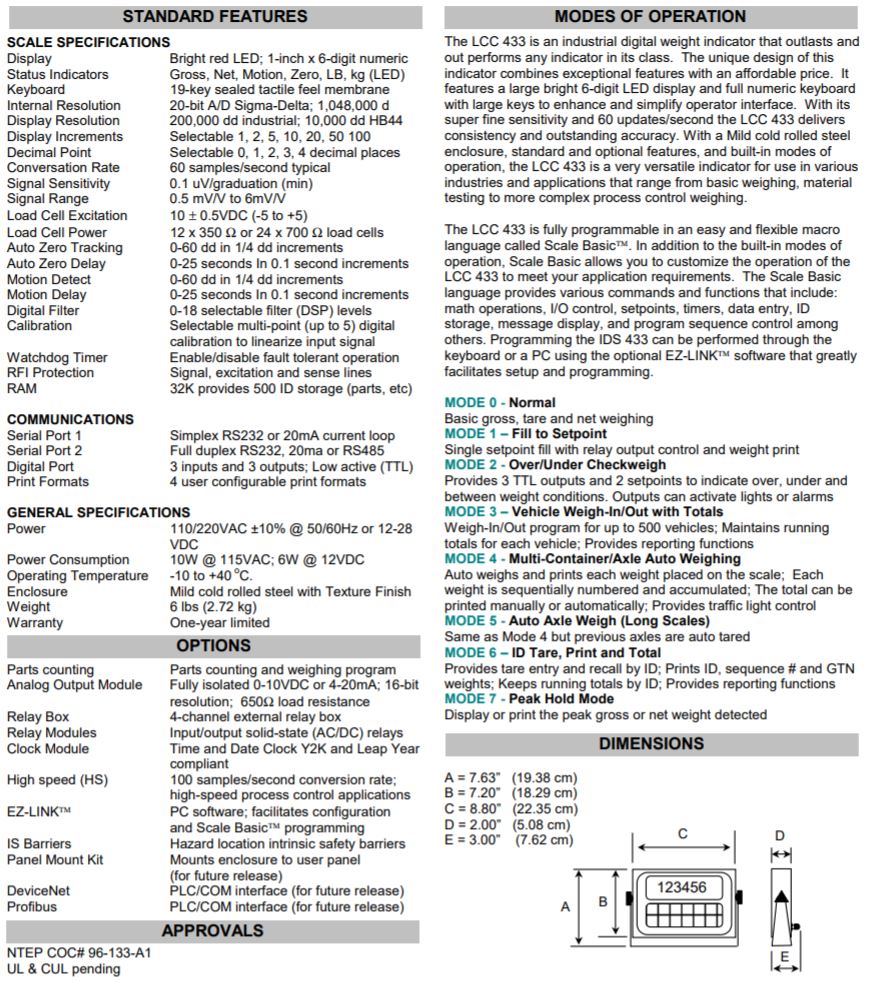 433 specification sheet